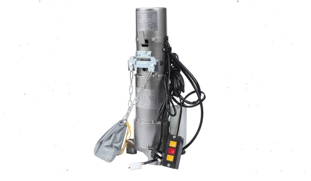 600kg roller shutter door motor, side view showing the manual release chain and three-button push switch