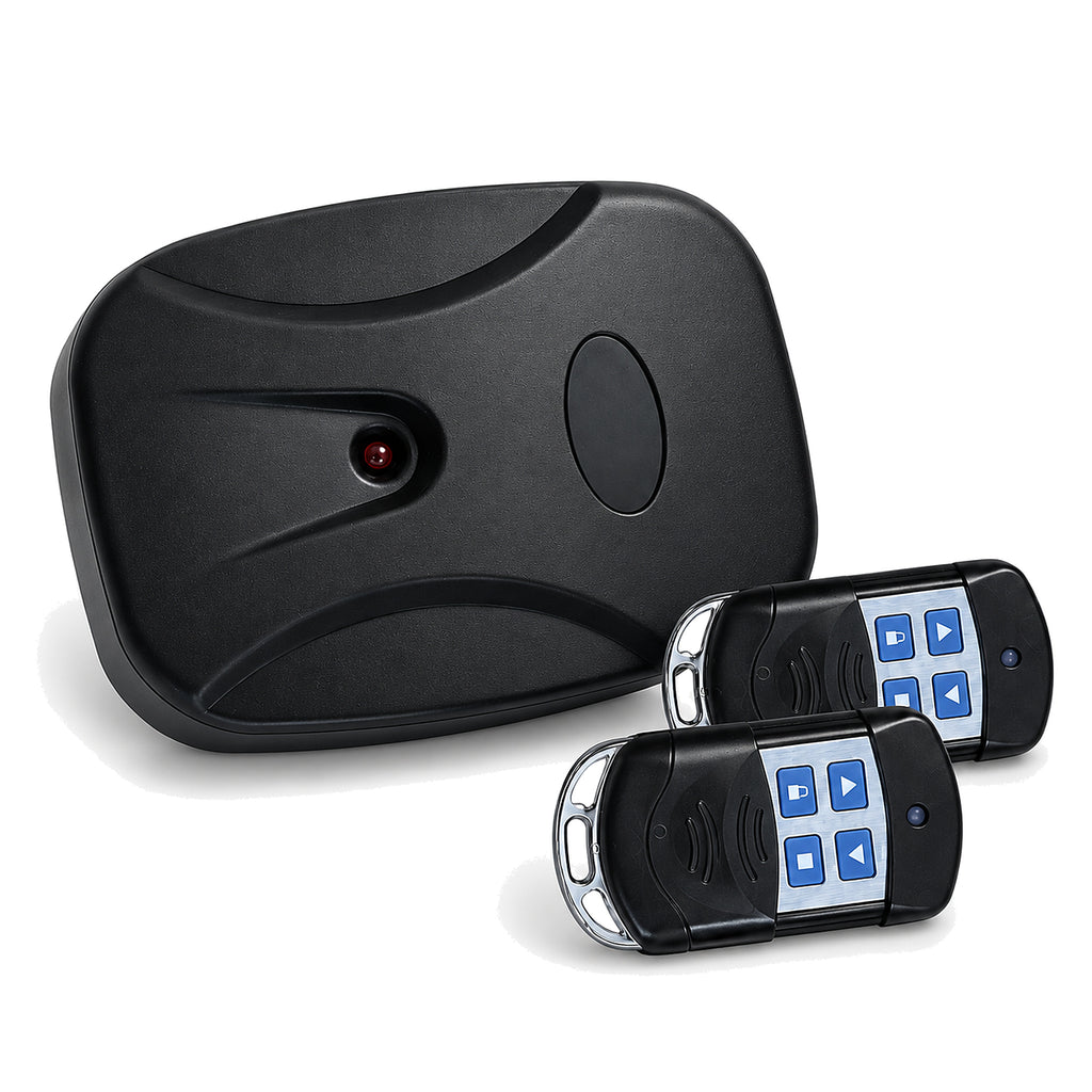 Roller shutter door remote control kit — black AC receiver unit with two four-button keyring remotes