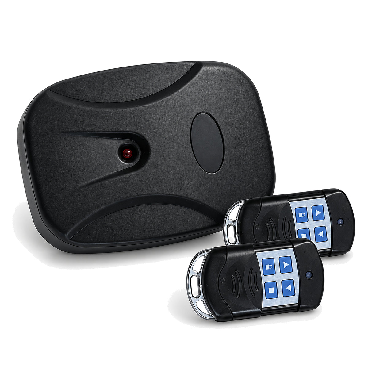 Roller shutter door remote control kit — black AC receiver unit with two four-button keyring remotes