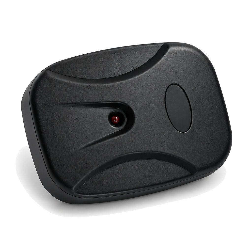 Black moulded roller shutter door remote receiver unit with red indicator LED, angled view