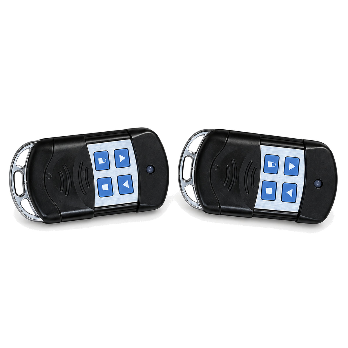 Two four-button keyring remote handsets for a roller shutter door, chrome end caps and blue buttons