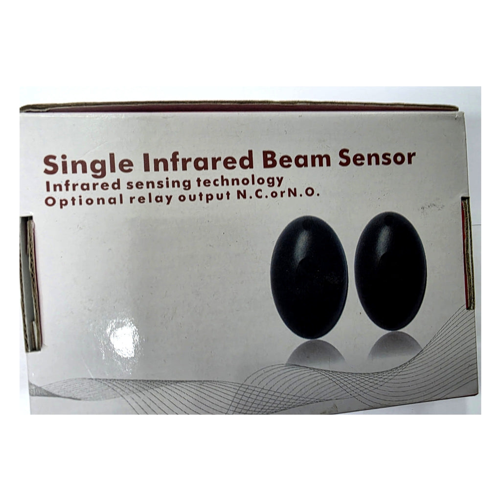 Single Infrared Beam Sensor retail box as supplied, showing infrared sensing technology and optional N.C. or N.O. relay output
