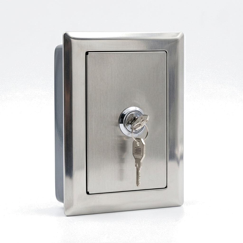 Stainless steel roller shutter push button lock box, lid closed and locked with the key in the cam lock