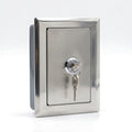 Stainless steel roller shutter push button lock box, lid closed and locked with the key in the cam lock