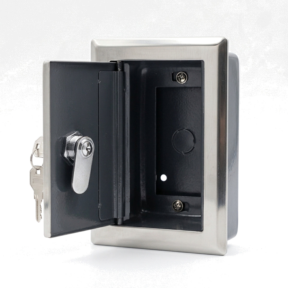 Roller shutter lock box with the lid open, showing the cam lock tongue, the push button mounting aperture and the cable knock-out