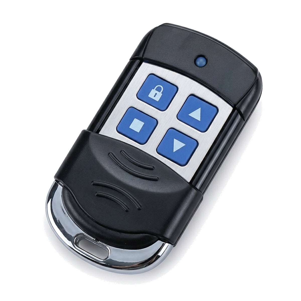 Roller shutter door remote handset lying flat, showing the four blue buttons, chrome edge band and keyring loop
