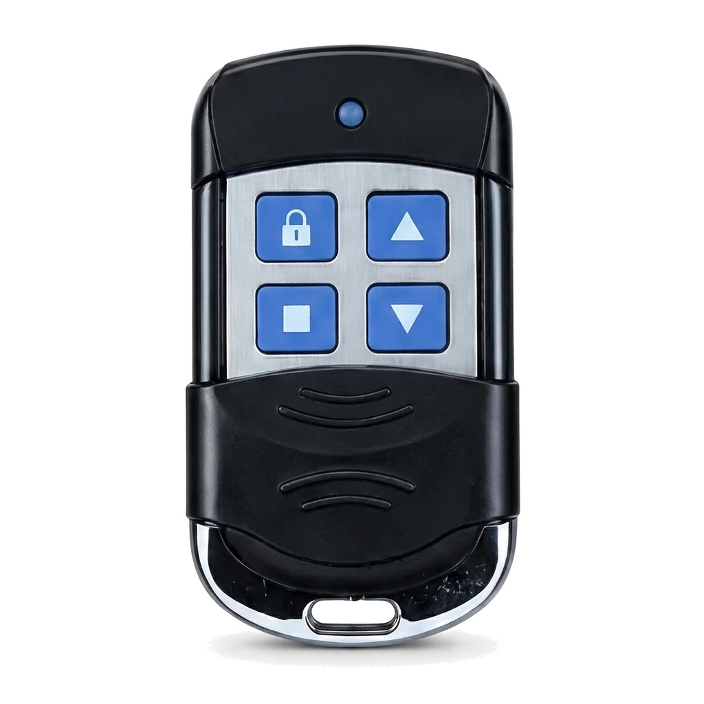 Four-button keyring remote handset for an AC roller shutter door, with lock, up, stop and down buttons on a brushed steel face