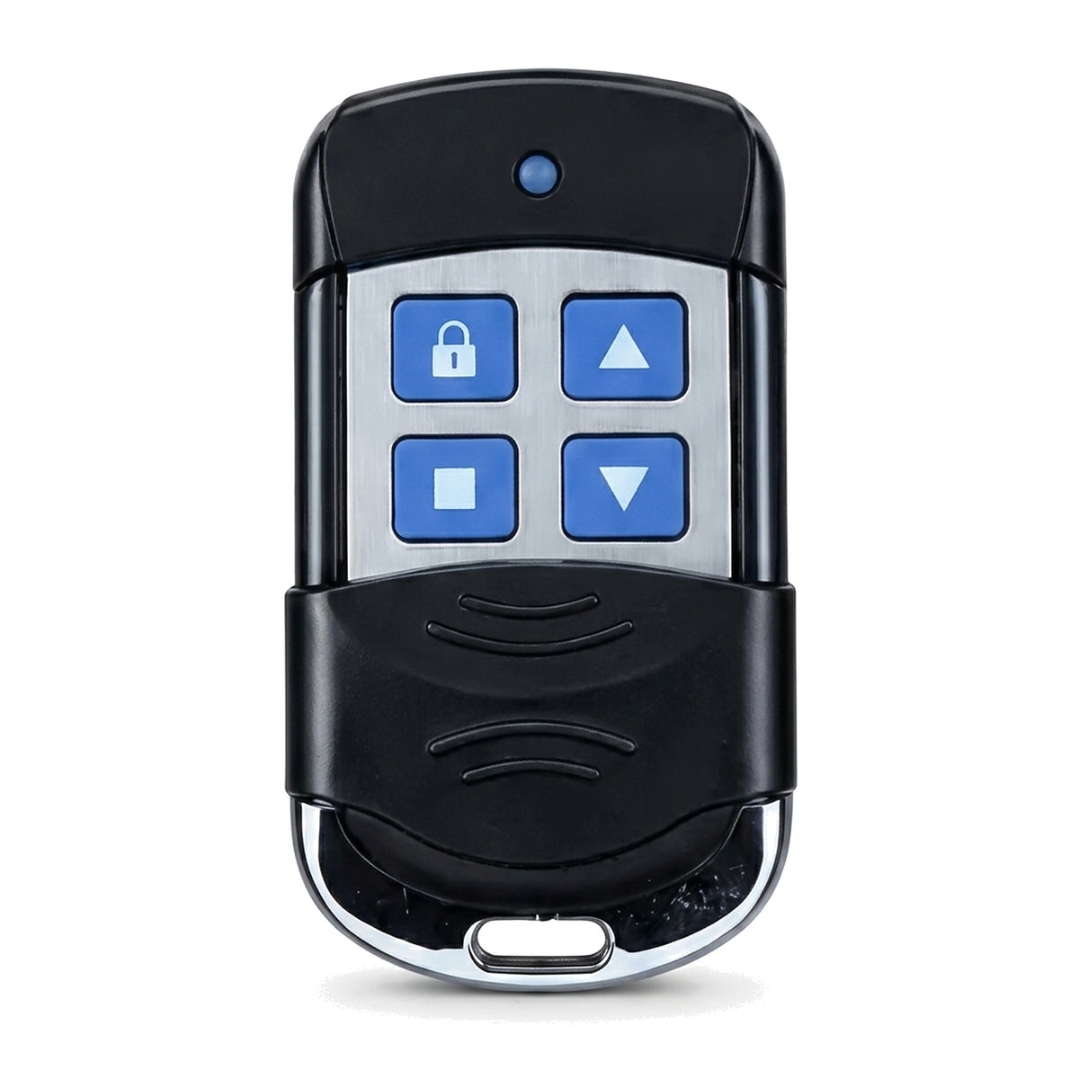 Four-button keyring remote handset for an AC roller shutter door, with lock, up, stop and down buttons on a brushed steel face