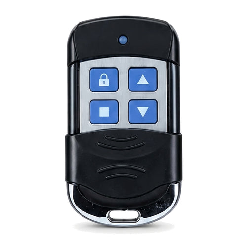 Four-button keyring remote handset for an AC roller shutter door, with lock, up, stop and down buttons on a brushed steel face