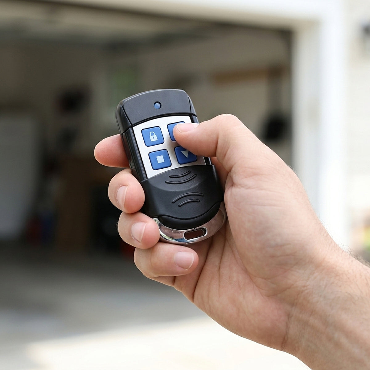 A hand holding the roller shutter door remote and pressing the up button with a thumb