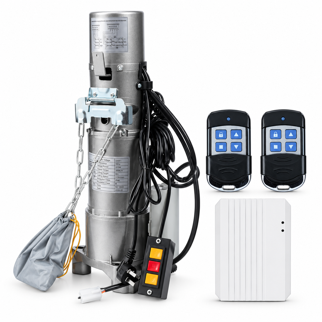 Shutter Drive 600kg AC WiFi roller shutter door motor kit with two remotes, WiFi receiver module, chain sprocket and push button control