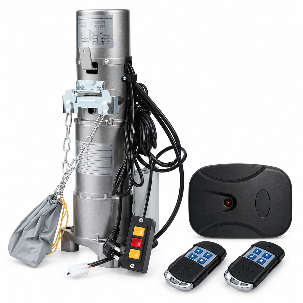Shutter Drive 800kg AC roller shutter door motor kit with manual release chain, three-button push switch, remote receiver and two keyring remotes