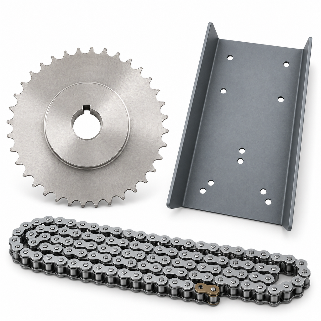 Chain sprocket, drive chain and steel mounting bracket supplied with the Shutter Drive roller shutter door motor