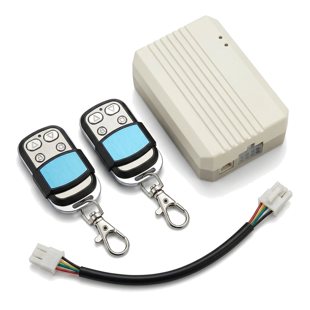 WiFi and Bluetooth roller shutter door controller kit with two four-button keyring remotes and plug-in wiring harness