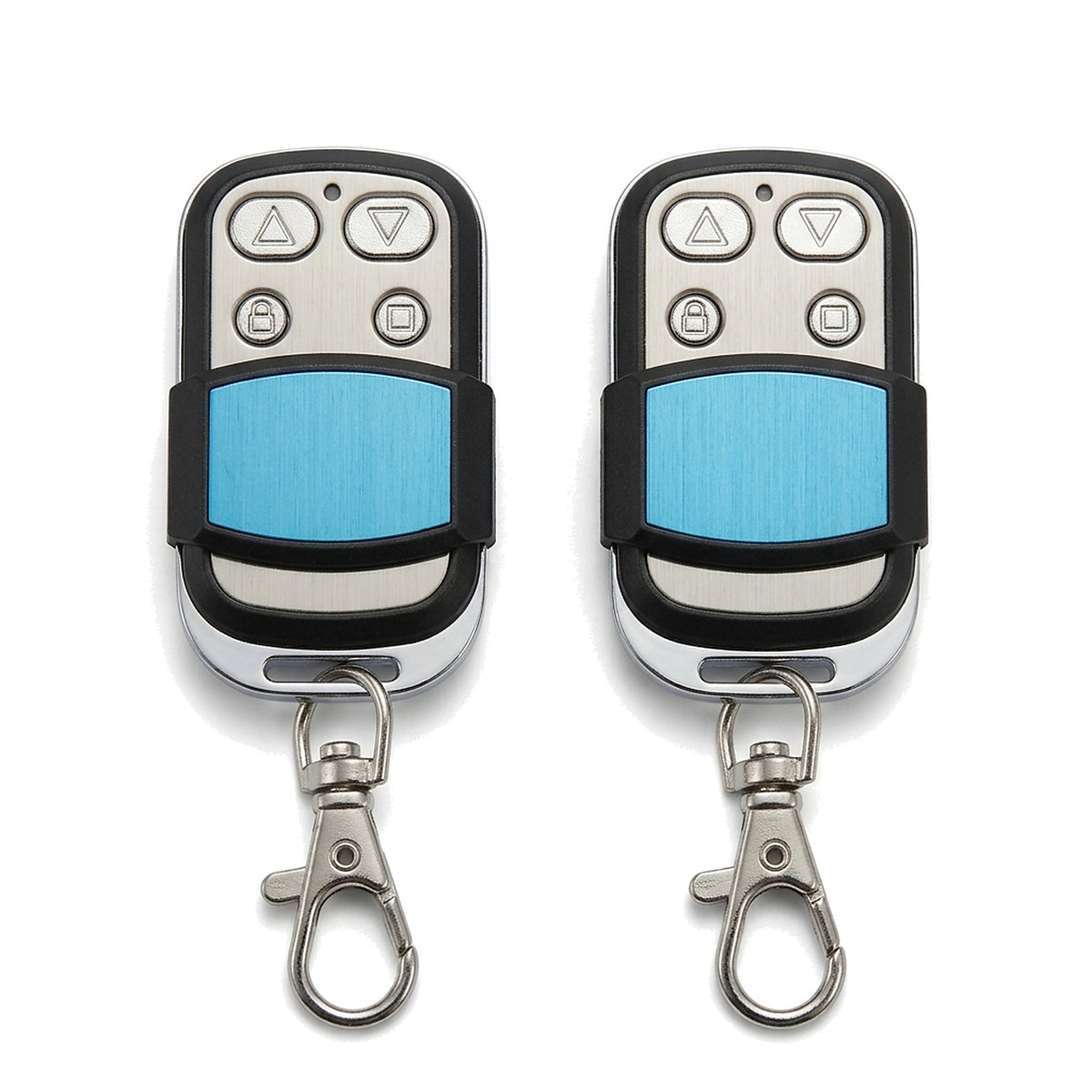 Two 433.92 MHz four-button keyring remotes with sliding blue covers for a roller shutter door