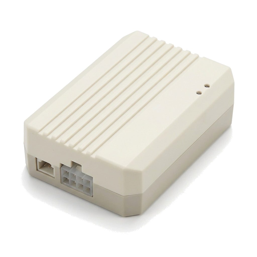 Cream ribbed WiFi and Bluetooth controller unit for roller shutter door motors, angled view with indicator LEDs