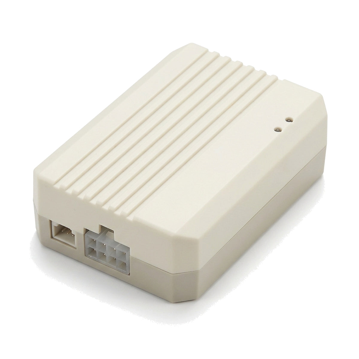 Cream ribbed WiFi and Bluetooth controller unit for roller shutter door motors, angled view with indicator LEDs